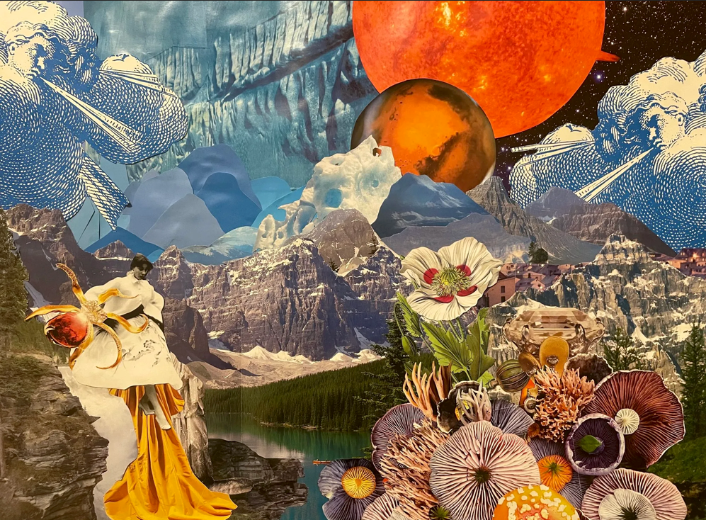 A collage of images including a moutainscape, mushroom caps, anemoi (wind gods) on either side, and a woman sliding down a golden gown waterfall. 
