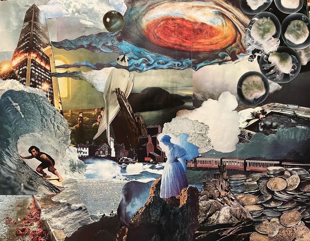A collage of images including a woman in a dress, water and a surfer in a wave, a building on fire, the storm of Jupiter in the sky, jellyfish babies and coins.