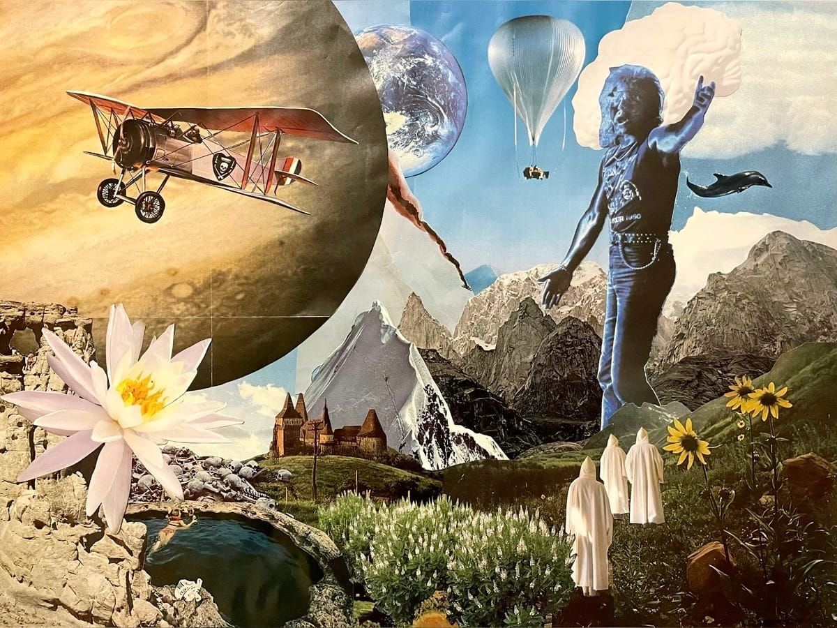 A collage of images including a large planet, a lotus flower, mountains, hooded monks and a large blue rocker guy.