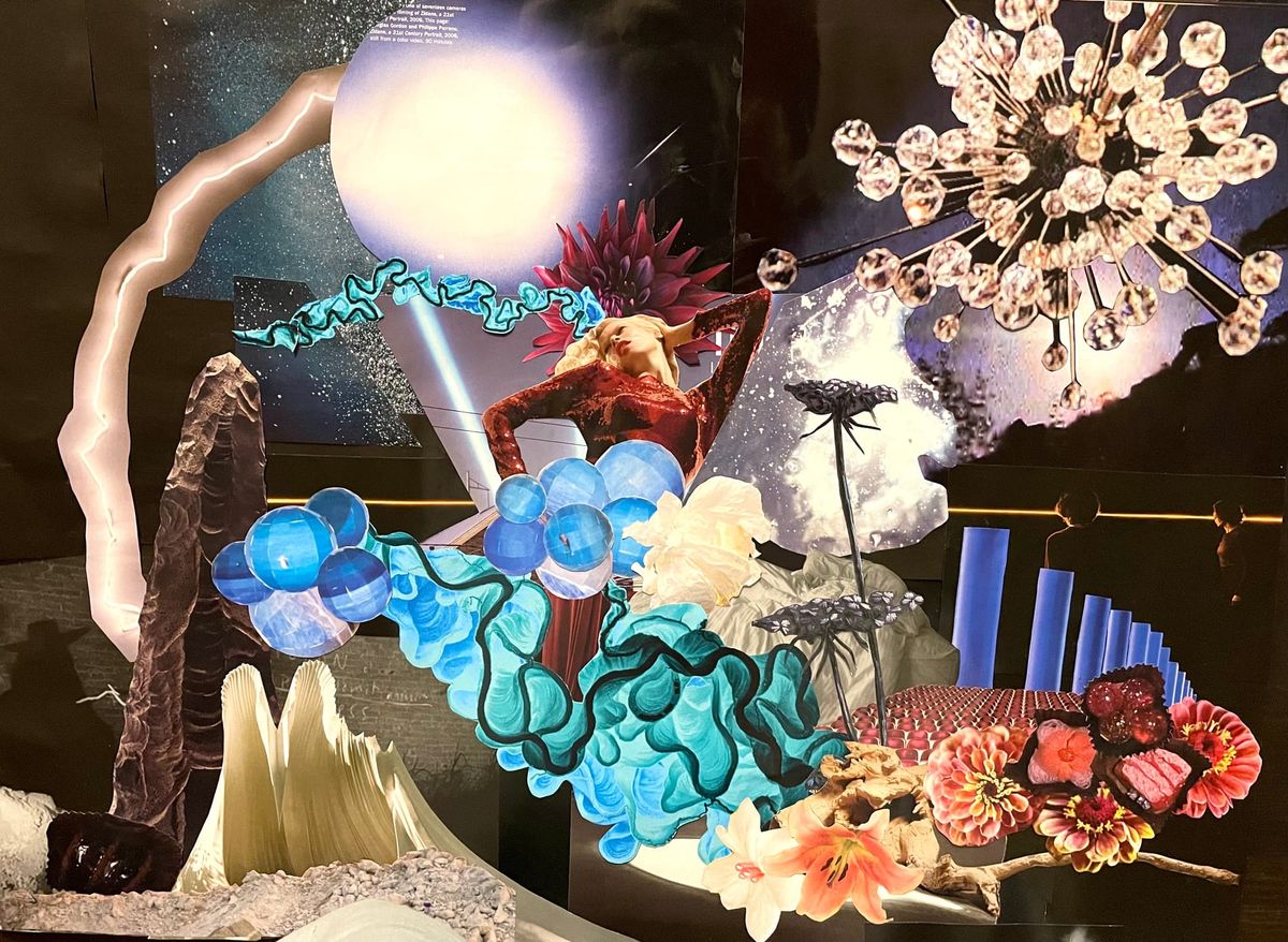 A collage of images including blue wave and ball clusters, flowers and chocolates, and a woman in red posing in the centre.