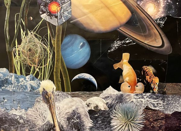 A surrealist scene from the perspective of another planet, with the earth, Venus and Saturn appearing in the night sky.