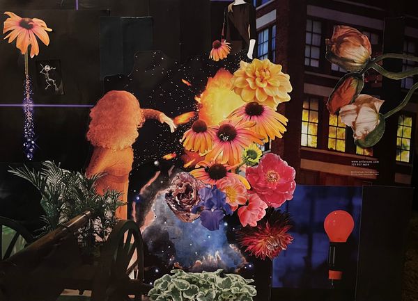 A collage depicting a woman throwing something explosive at a building. The explosion includes fire with orange and pink flowers layered in. The background is black as though it is nighttime.