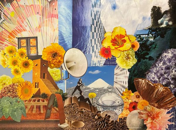 A collage of images including flowers, piles of brown paper, textures in orange, yellow, blue, two women in black in the centre under a megaphone.