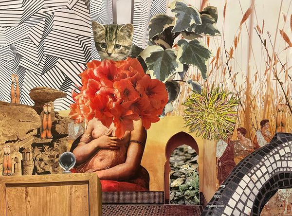 A collage of images including a kitten, orange flowers on a woman's head, an exposed boob, hoodoos, legs, and a wheat field.