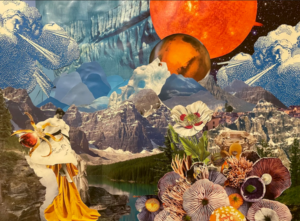 A collage of images including a moutainscape, mushroom caps, anemoi (wind gods) on either side, and a woman sliding down a golden gown waterfall. 