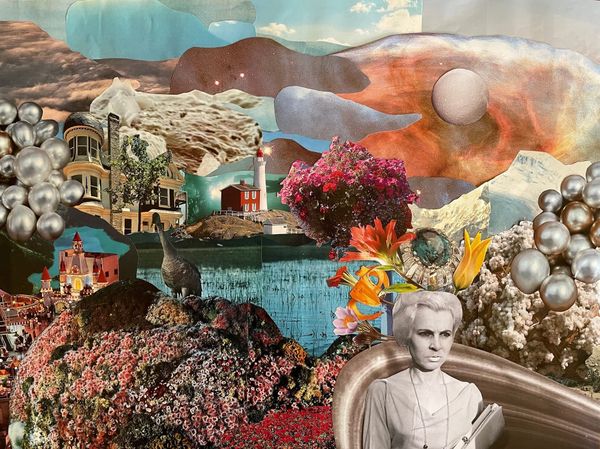A collage of images including a coral reef, a tacky castle, pearls, a water bird, a small lighthouse, multi-toned sky and a cross-looking woman.