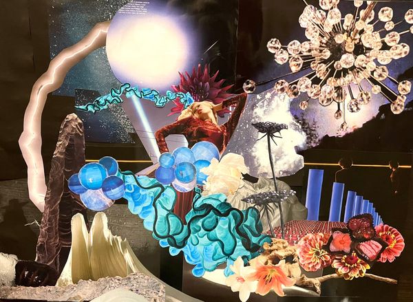 A collage of images including blue wave and ball clusters, flowers and chocolates, and a woman in red posing in the centre.