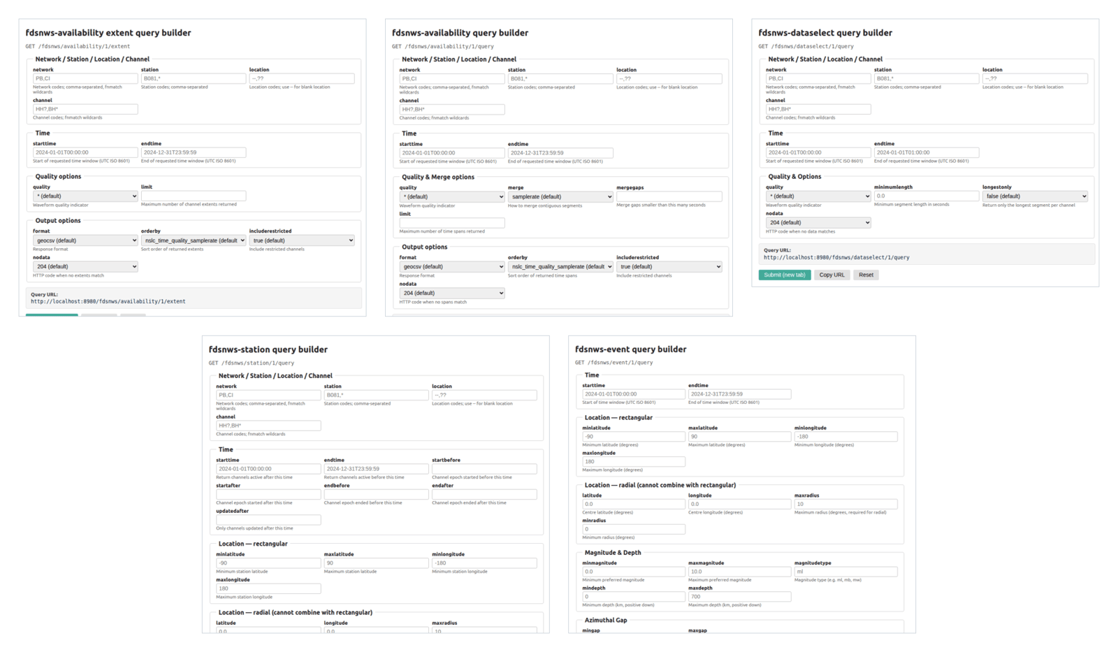 Built-in HTML query builders for each of the five FDSN services let operators explore parameters and preview request URLs directly in the browser.