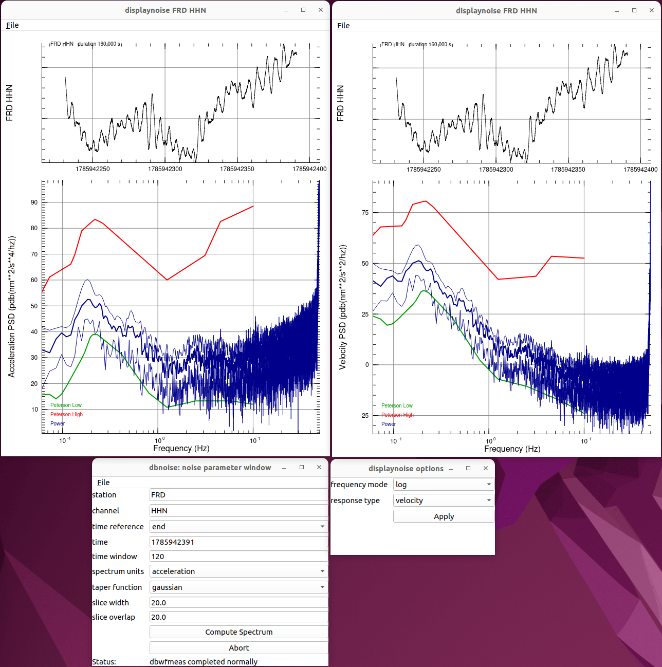 The new dbnoise on Python/Qt showing noise power spectral density with Peterson noise model reference curves in both acceleration and velocity views.