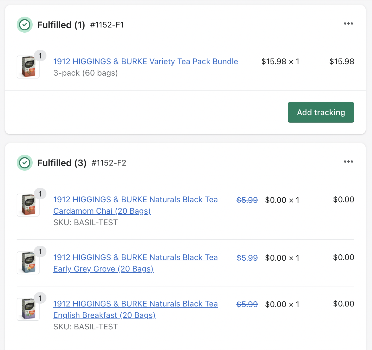 Shopify order fulfillment view showing a tea bundle split into individual component SKUs for accurate inventory syncing and fulfillment tracking