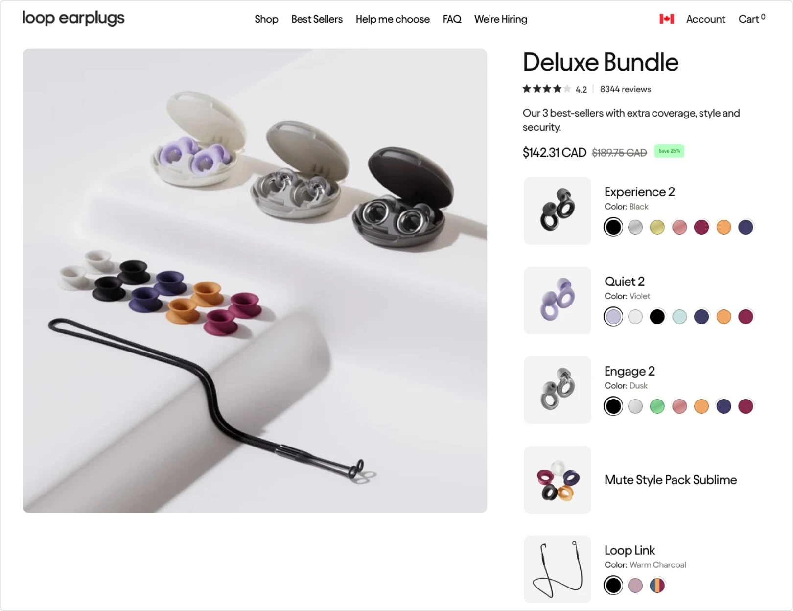 Loop Earplugs bundle builder interface with customizable product selections, color variants, and bundled accessories on a Shopify storefront