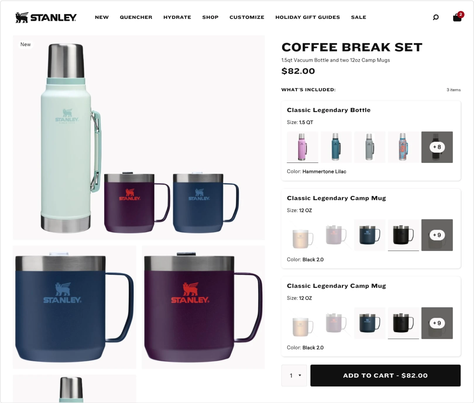 Stanley product bundle page showing a customizable coffee set with a vacuum bottle and matching camp mugs using mix-and-match bundle functionality