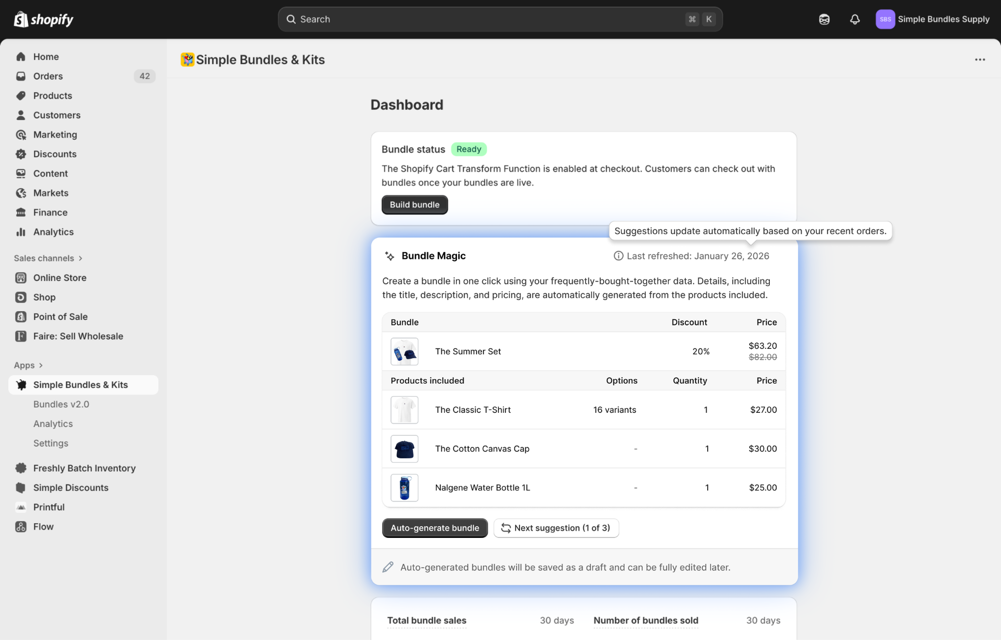 Simple Bundles & Kits Shopify app dashboard showing AI-generated product bundle recommendations based on frequently bought together purchase data