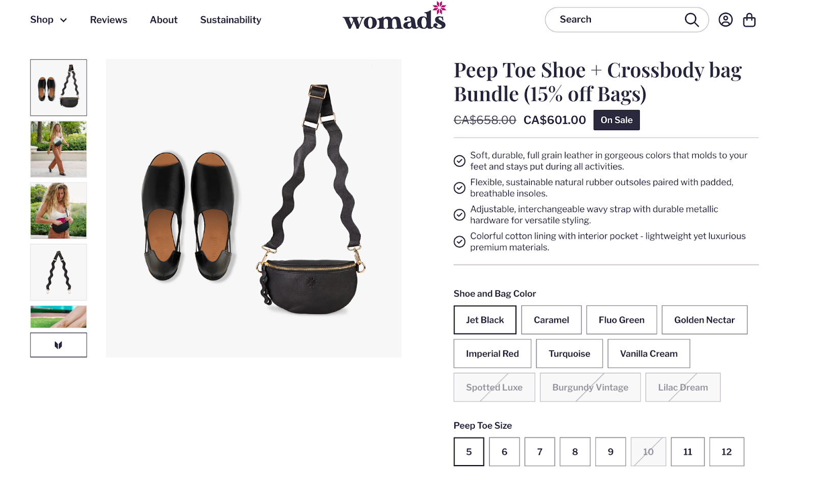 Womads Shopify product bundle example combining peep toe shoes and a crossbody bag with shared color selection options and bundle discount pricing