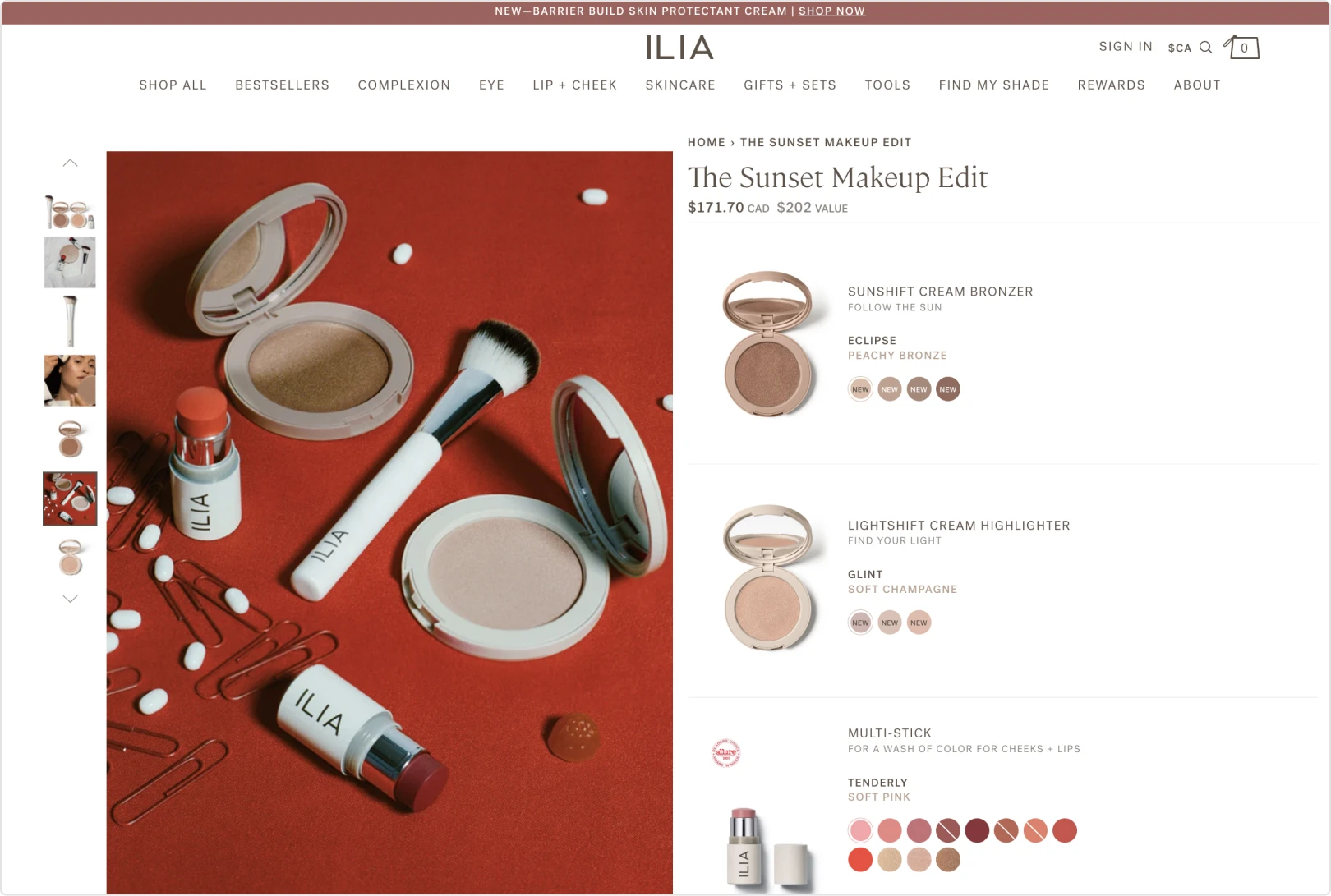 ILIA Beauty Shopify bundle builder example featuring a curated makeup set with multiple bundled skincare and cosmetics products