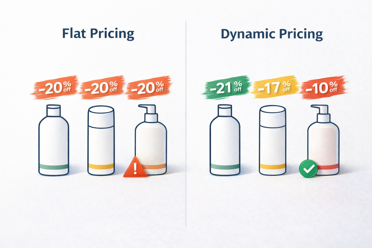 Flat pricing vs dynamic pricing comparison graphic for Shopify product bundles showing how dynamic bundle discounts adjust based on product value