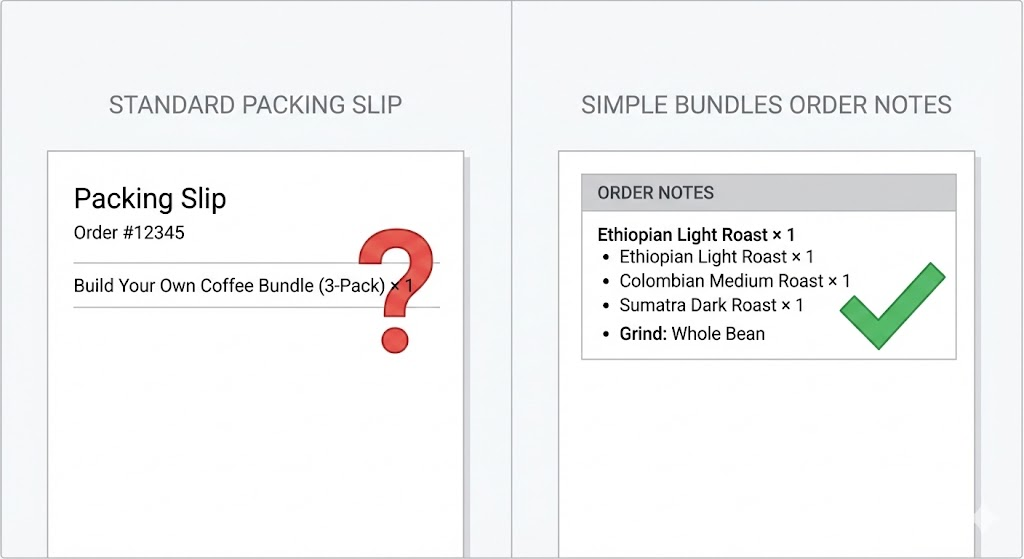 Side-by-side comparison of a basic packing slip versus a detailed bundle breakdown