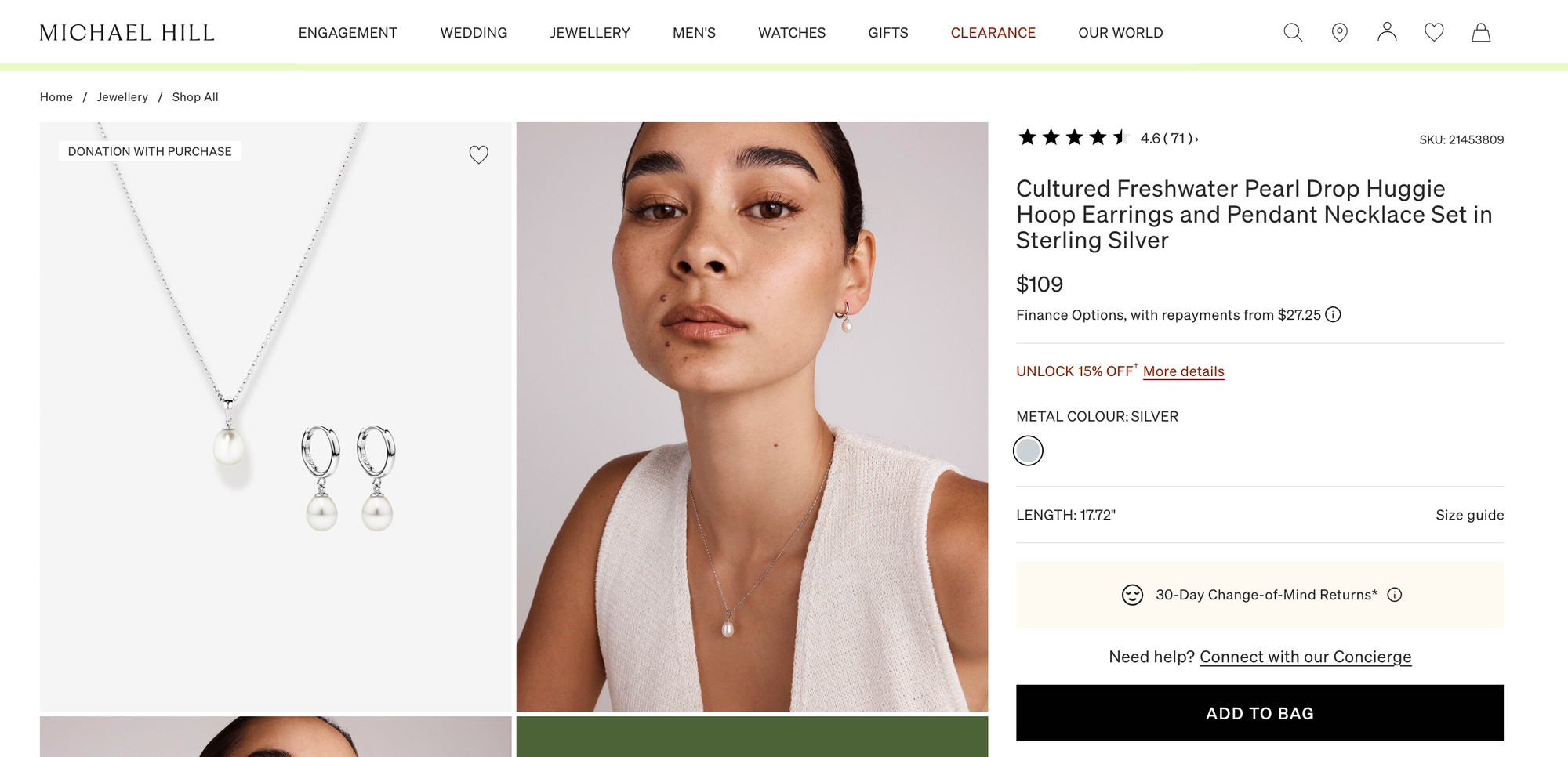 Michael Hill jewelry product page featuring a pearl necklace and matching hoop earrings sold as a coordinated jewelry set.