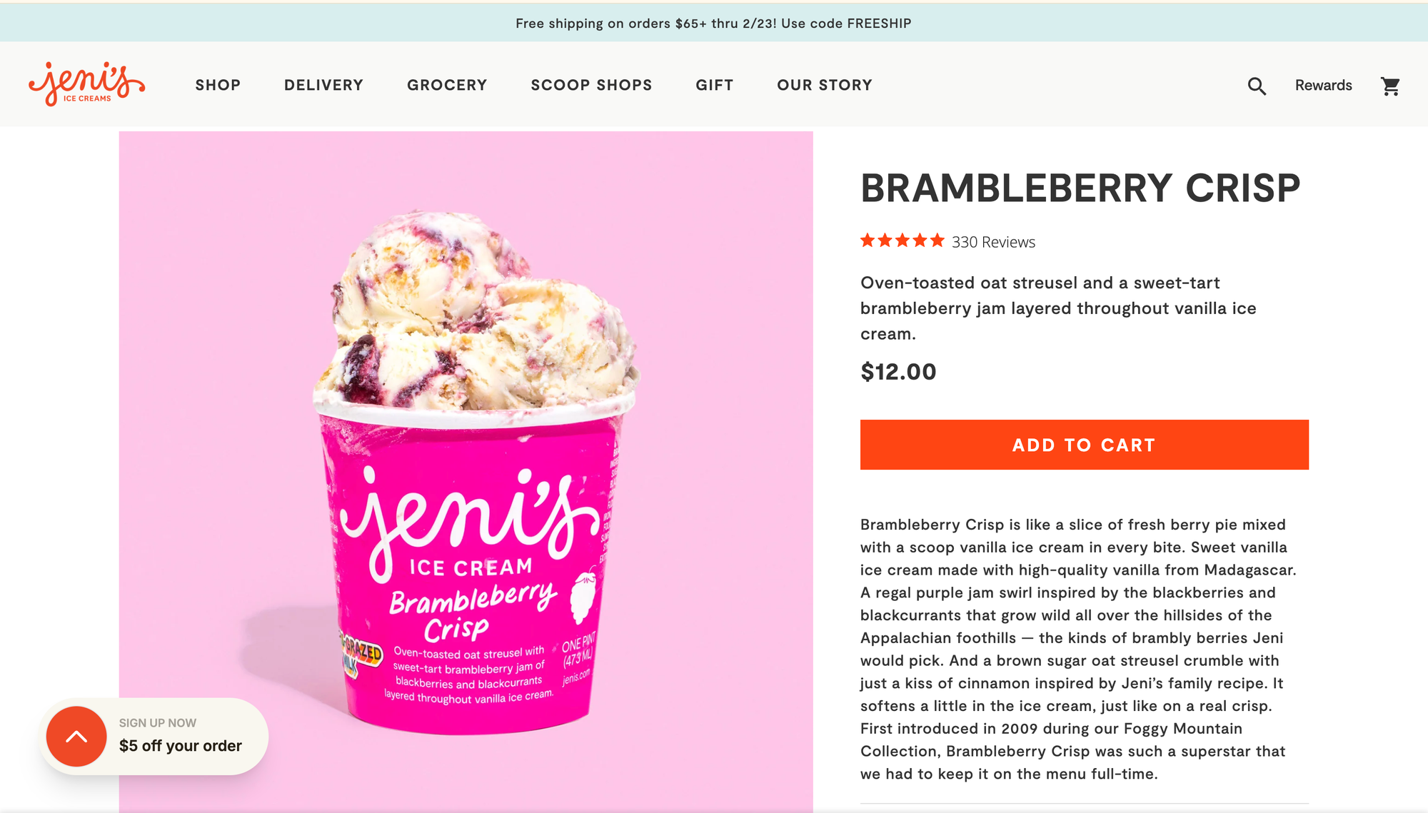 Jeni’s Ice Cream Brambleberry Crisp single-product page featuring a pint of ice cream with product details and pricing.