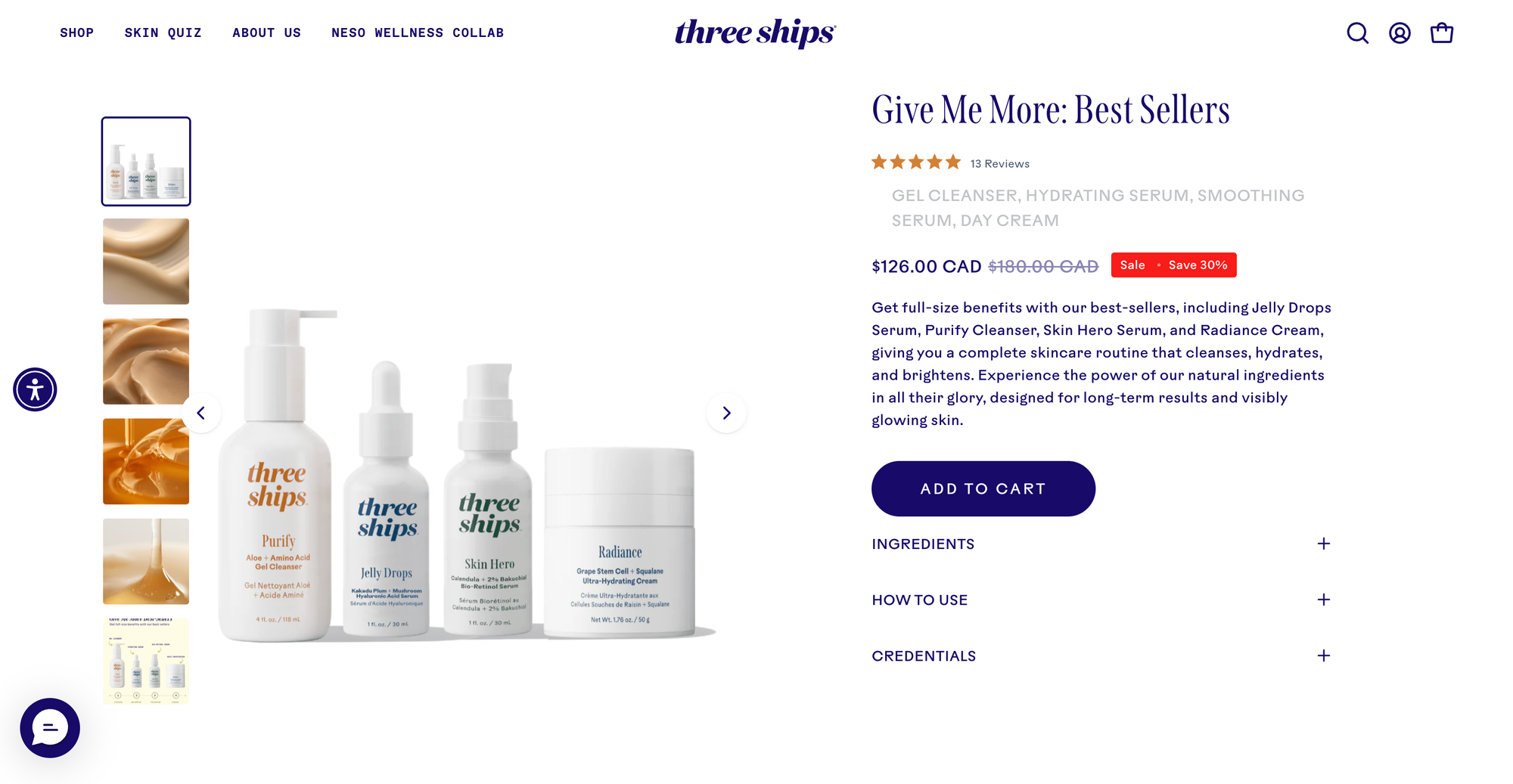 Three Ships skincare bundle page featuring a best-selling cleanser, serums, and moisturizer sold as a complete skincare routine.
