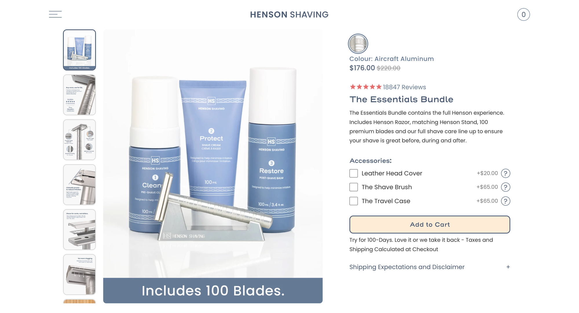 Henson Shaving Essentials Bundle product page featuring a razor, blades, shaving cream, and post-shave products.