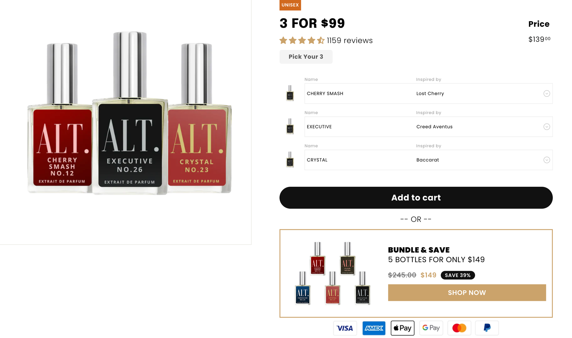 ALT Fragrances customizable perfume bundle page featuring a “3 for $99” mix-and-match fragrance offer.