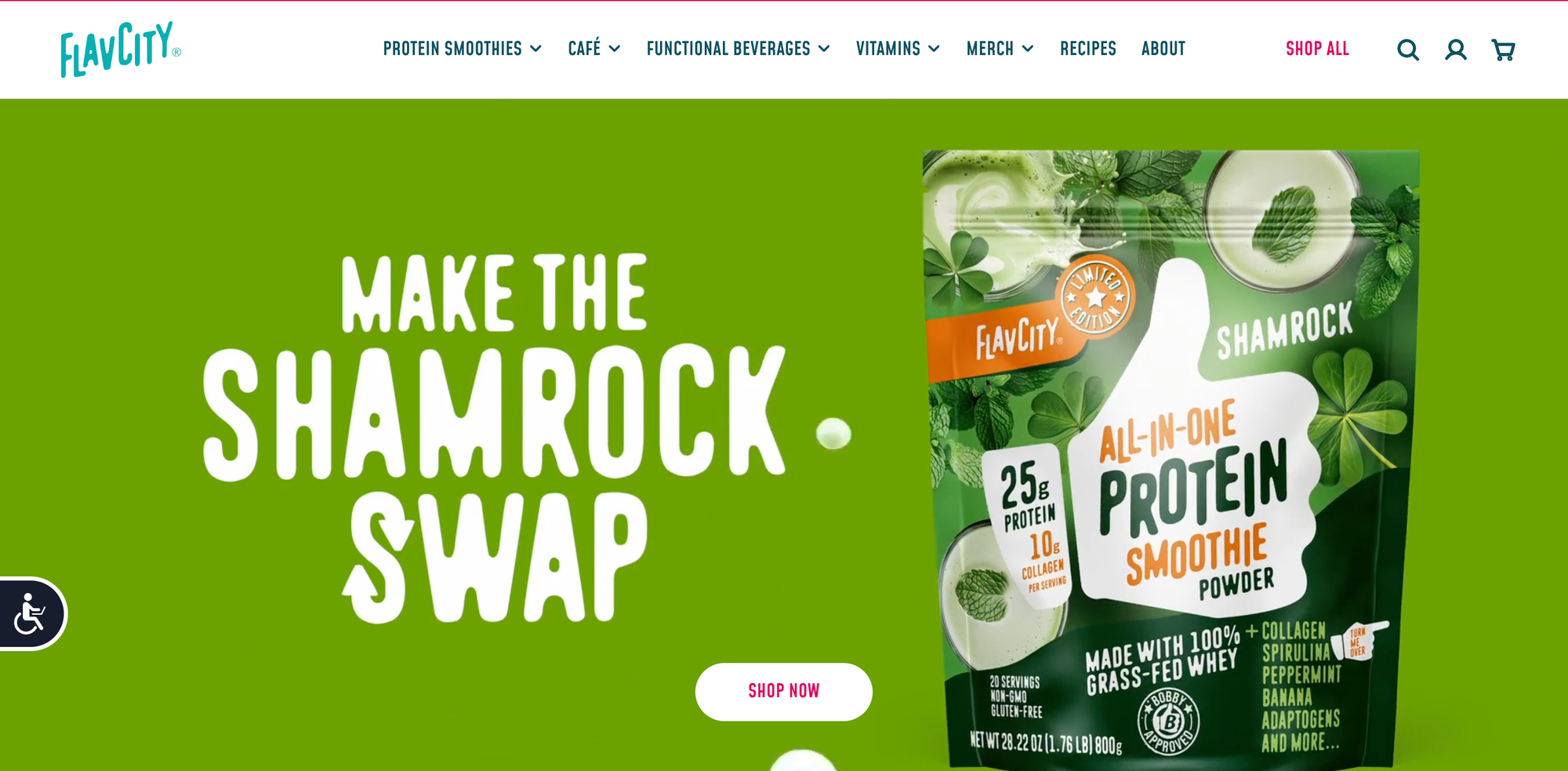 FlavCity homepage banner promoting a limited-edition Shamrock protein smoothie flavor.