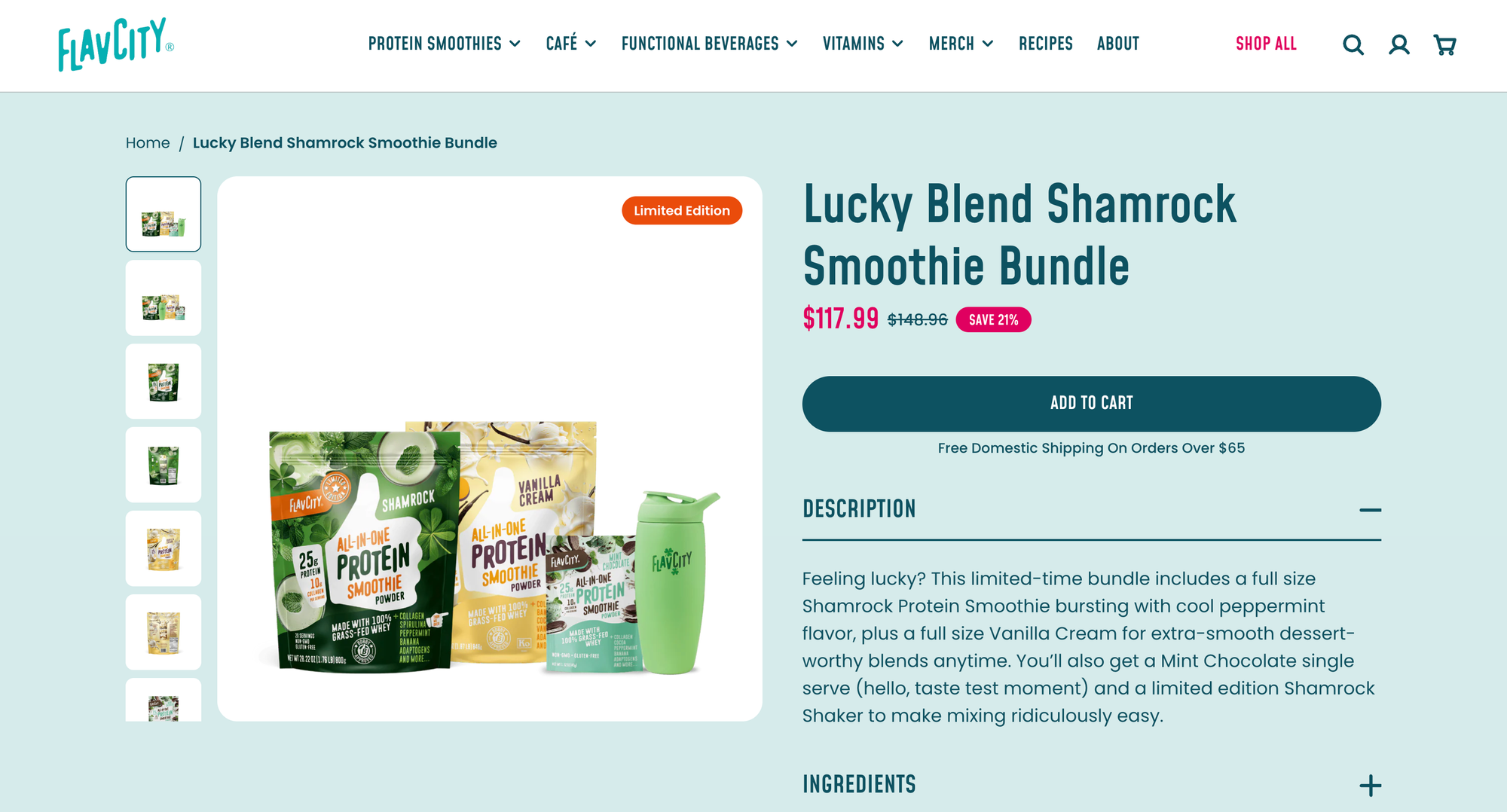 FlavCity Lucky Blend Shamrock Smoothie Bundle product page featuring protein powders and a limited-edition shaker bottle.