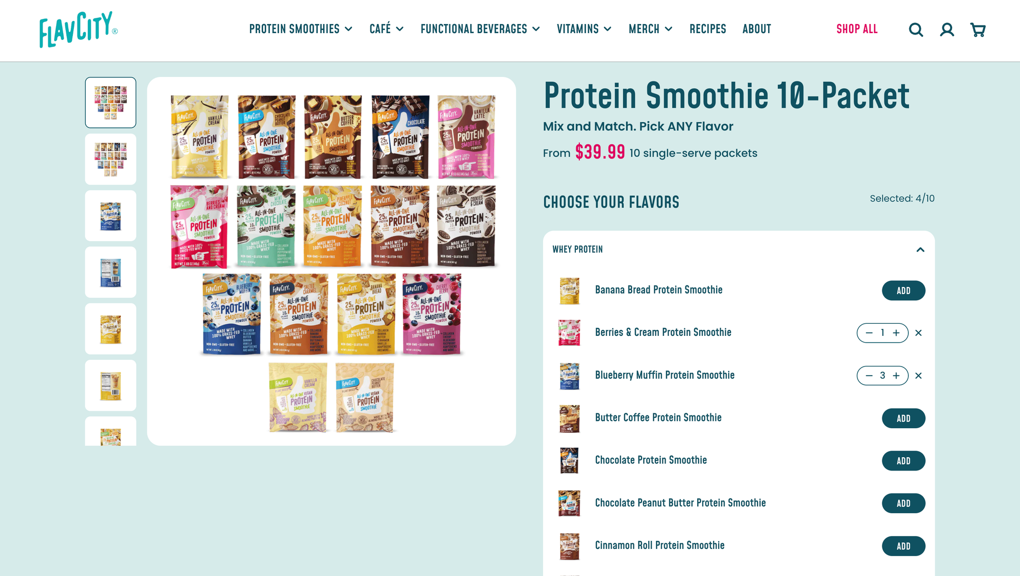 FlavCity customizable protein smoothie bundle page allowing shoppers to mix and match flavors in a 10-pack bundle.