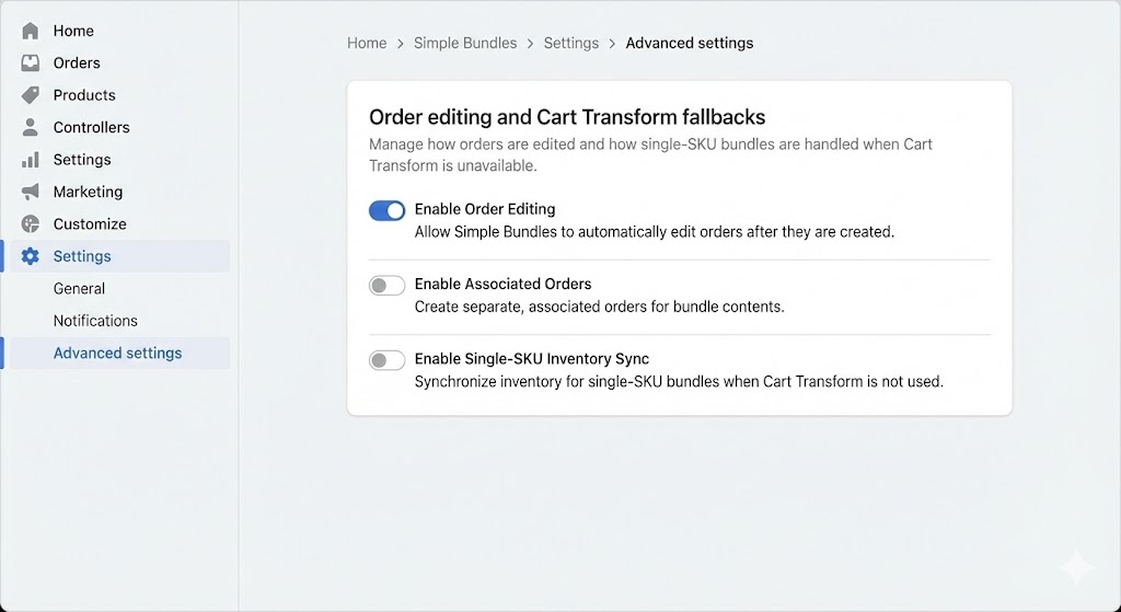 Simple Bundles settings page showing Order editing and Cart Transform fallbacks options