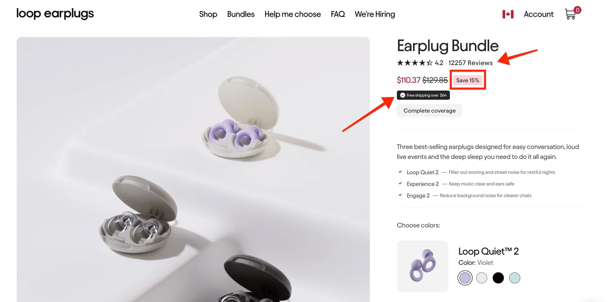 Loop Earplugs bundle product page highlighting bundle savings, customer reviews, and complementary products included in the set.