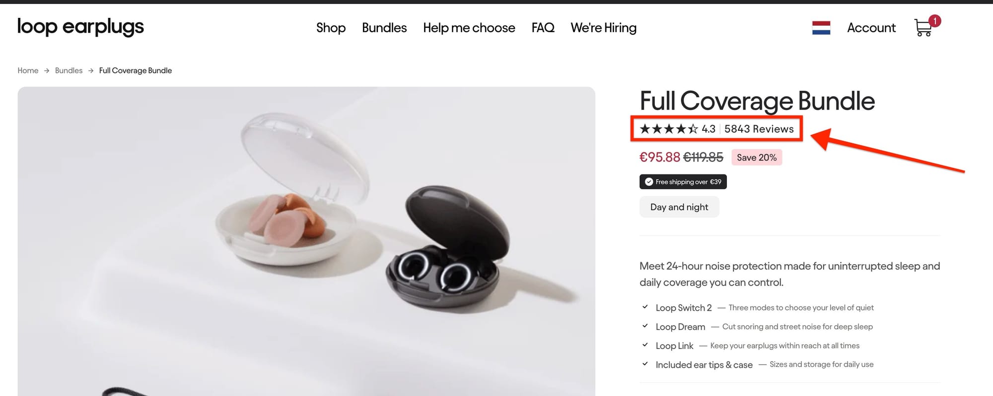 “Loop Earplugs bundle product page featuring customer review ratings, discounted pricing, and bundled sleep and noise-reduction accessories.”