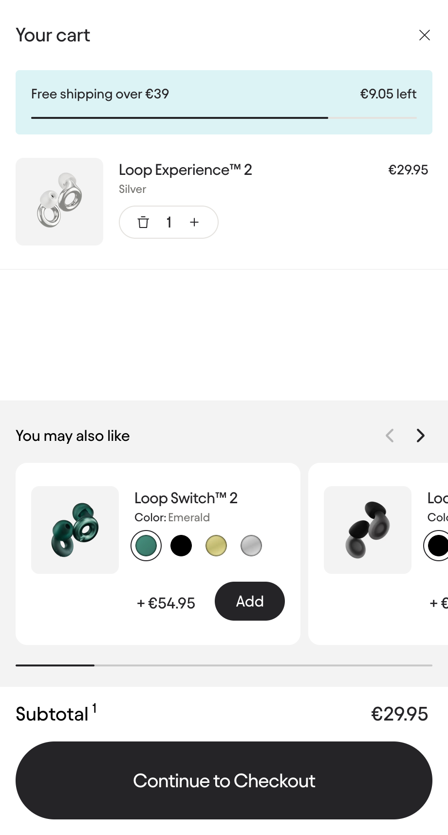 Ecommerce cart drawer showing a free shipping progress bar and personalized product recommendations to maximize AOV without discounts.