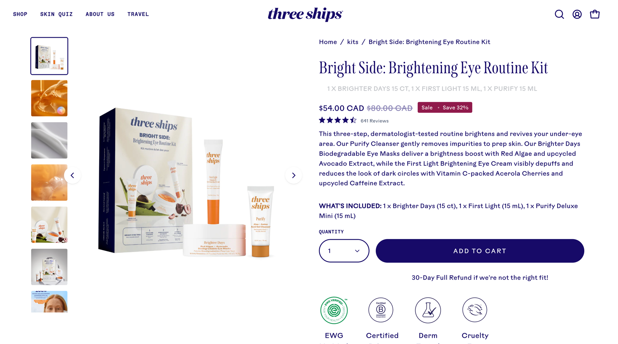 “Three Ships Bright Side eye care bundle product page featuring skincare products, customer reviews, bundle pricing, and included routine items.”