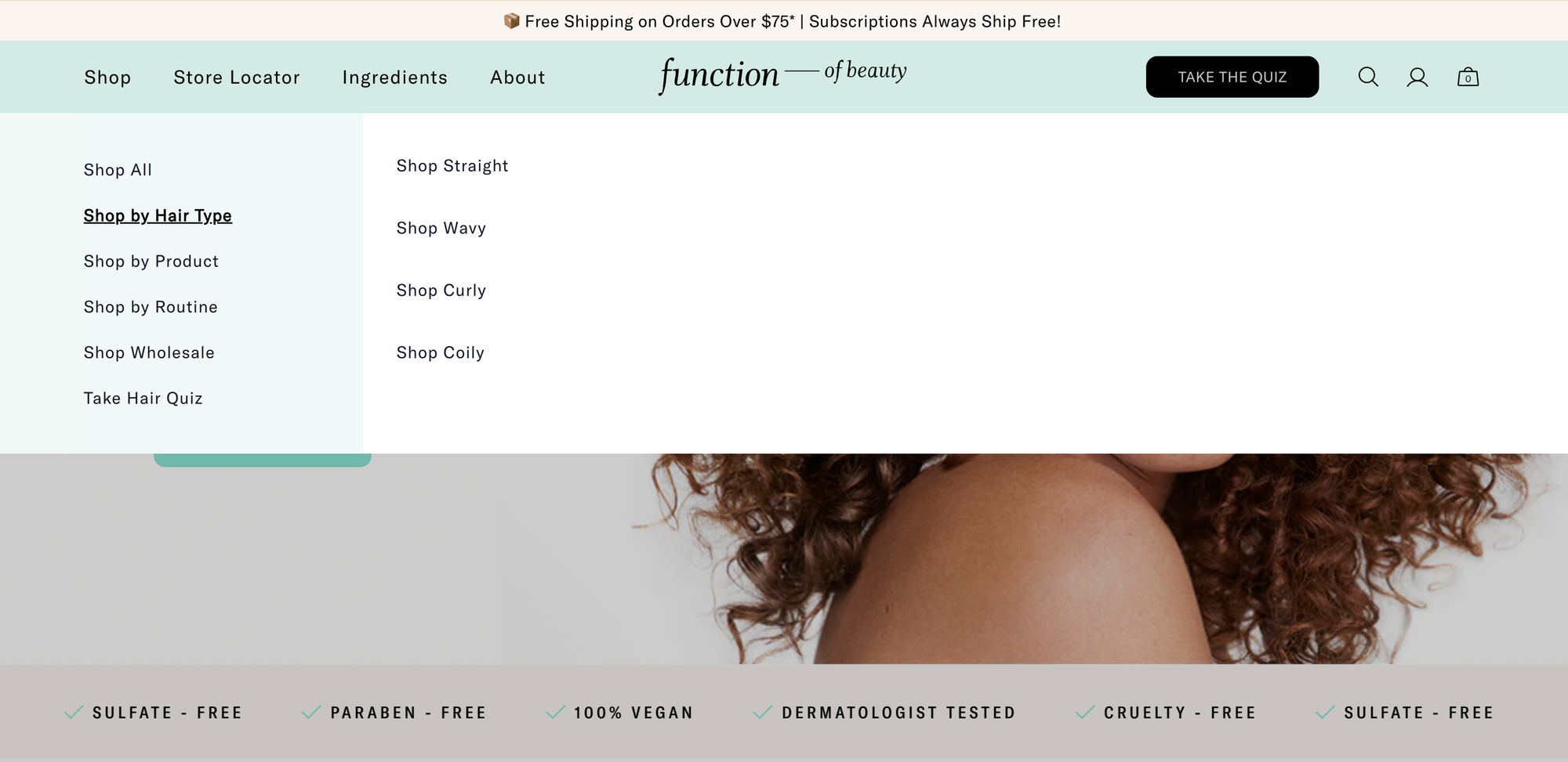 “Function of Beauty website navigation menu showing personalized haircare shopping categories organized by hair type and product routine.”
