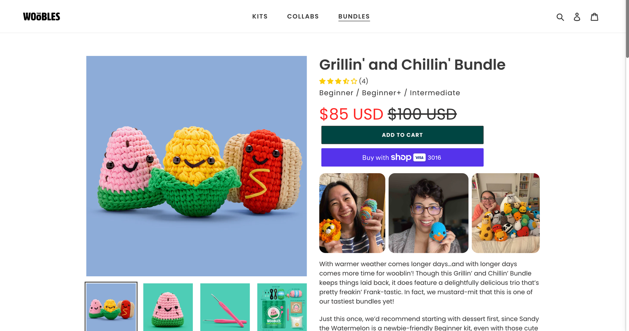 Product page for The Woobles Grillin’ and Chillin’ Bundle featuring a three-pack crochet kit bundle with pricing, product details, and customer reviews.