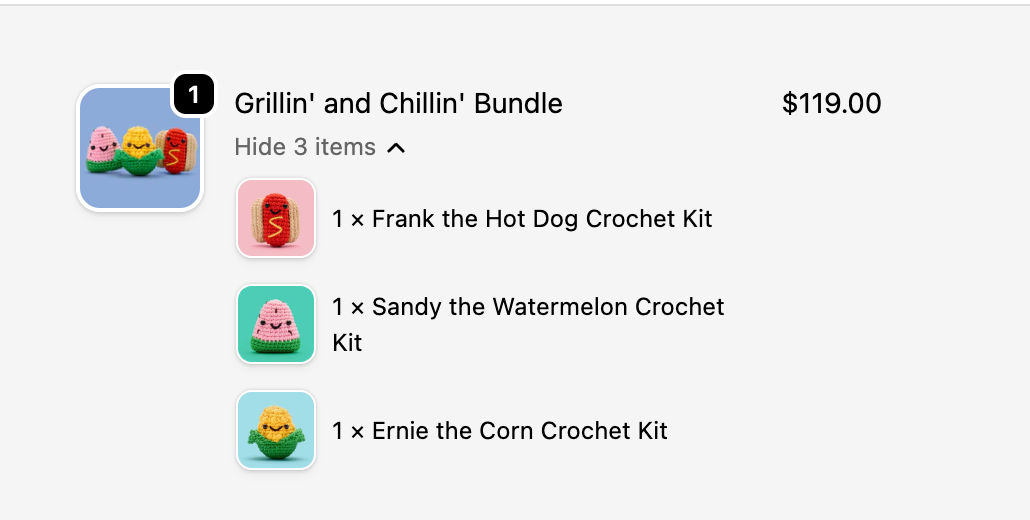 Shopify checkout view showing a three-pack crochet bundle broken into individual products with component SKUs for fulfillment and inventory syncing.