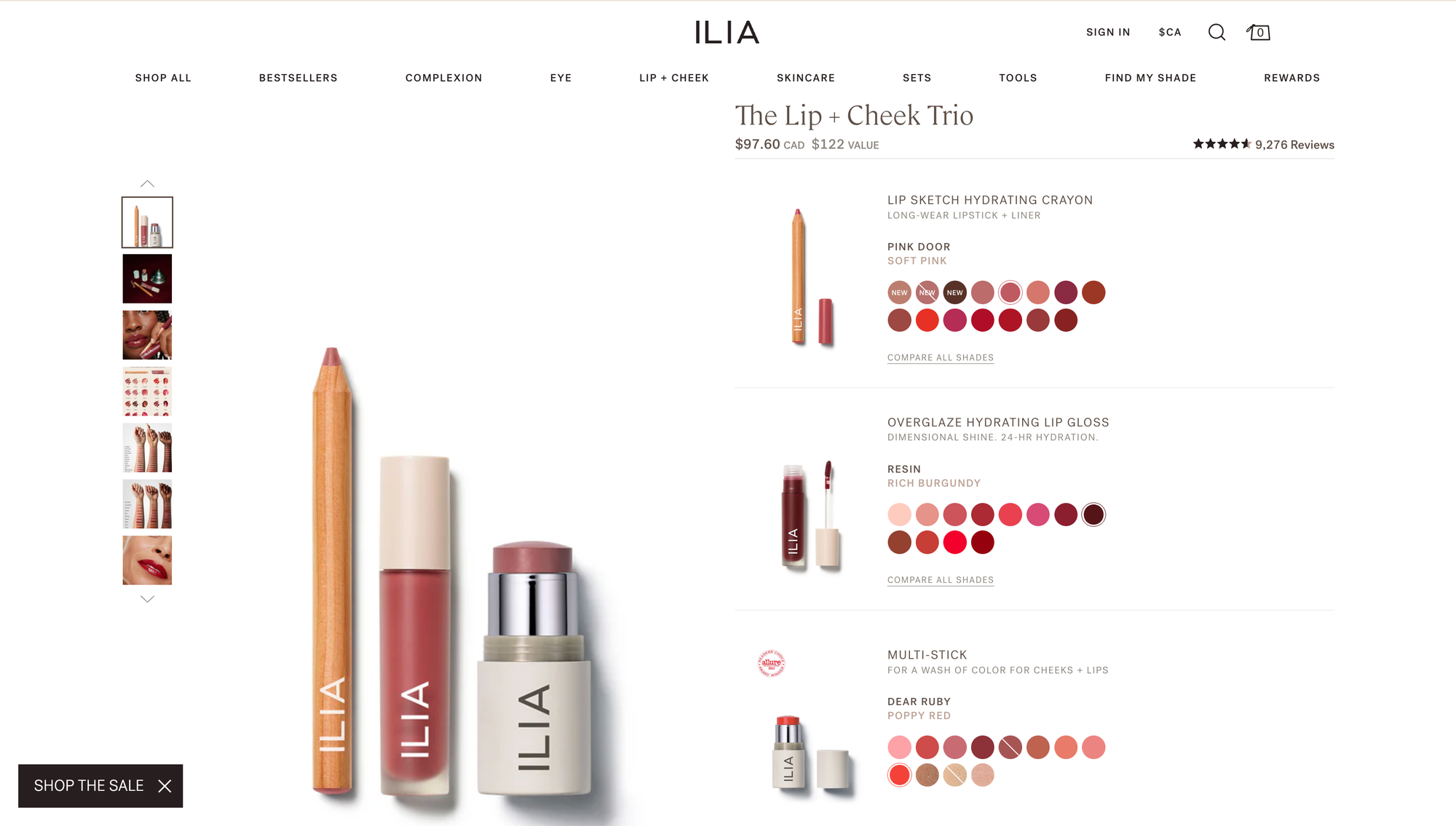 ILIA beauty product bundle page featuring a customizable lip and cheek trio with multiple product variants and bundle savings.