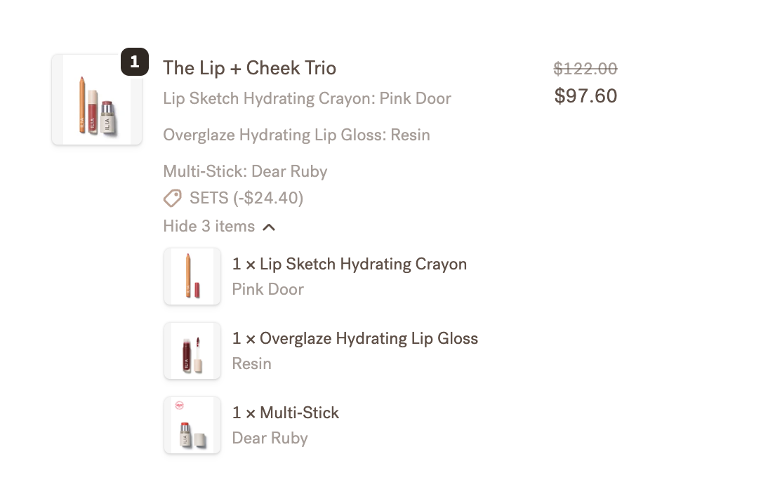 Shopify checkout view for an ILIA makeup bundle showing individual bundled products and discounted bundle pricing.
