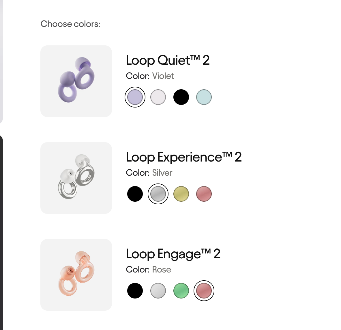 Mix-and-match bundle selection interface for Loop Earplugs allowing customers to choose product variants and colors for a customizable bundle.