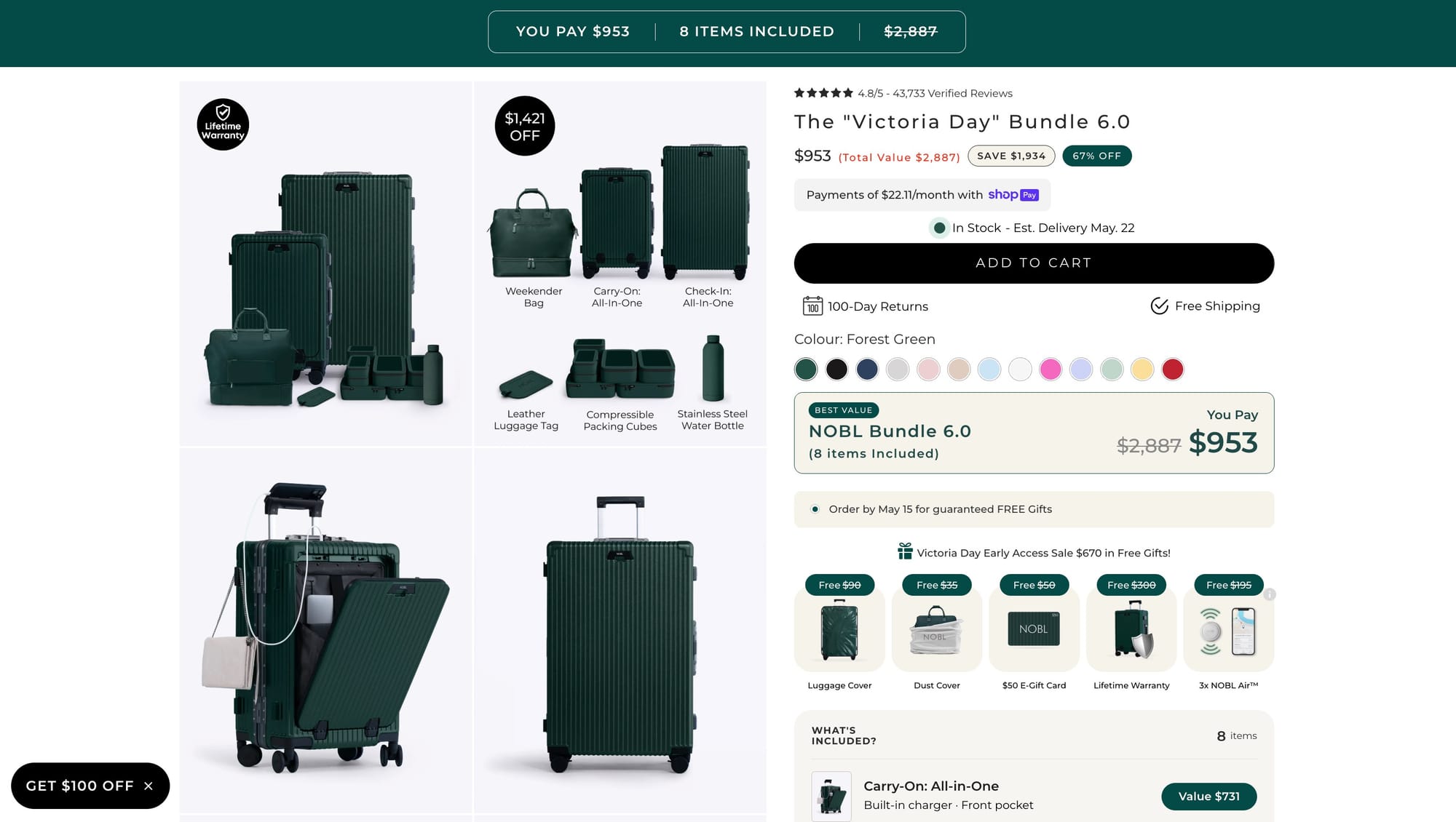 “Luxury luggage bundle product page displaying a multi-piece travel set with bundle savings, included accessories, and discounted pricing.”