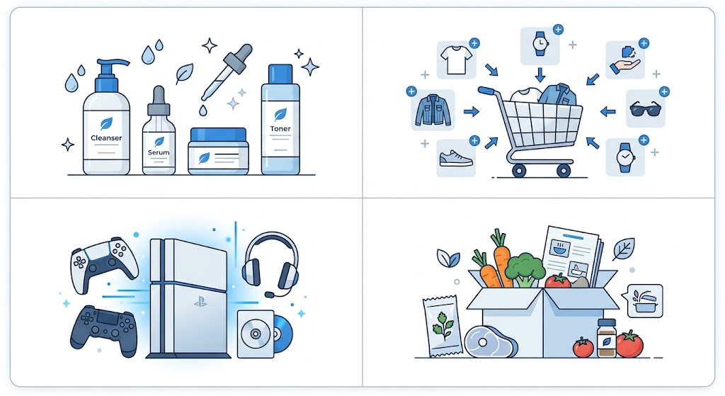 Four bundle types illustrated: skincare routine, build-your-own, console accessories, and meal kit
