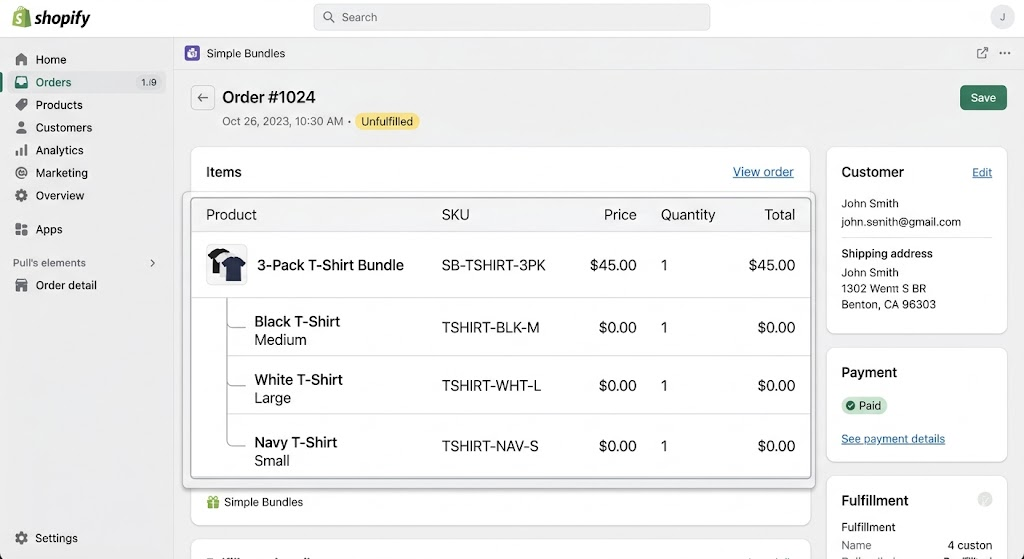 Shopify admin order view showing bundle product with component SKUs at $0