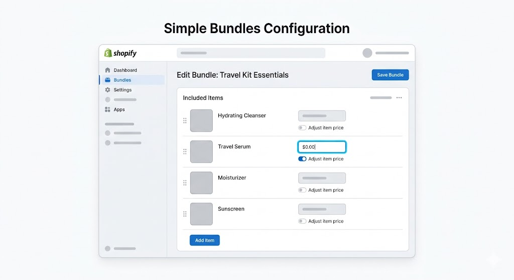 UI mockup of Simple Bundles showing the Adjust item price feature with a $0 price field