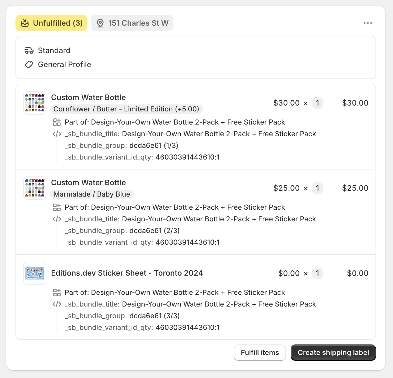 Shopify admin fulfillment screen displaying a bundle order with two custom water bottles and a free sticker sheet automatically priced at $0 as part of a promotional bundle.