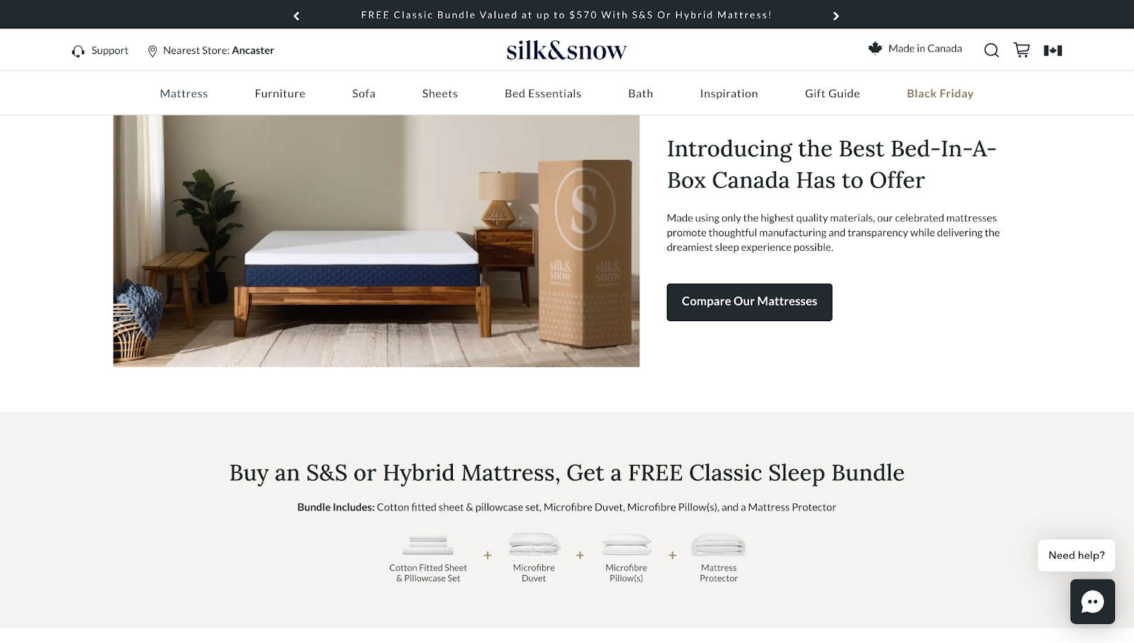 Mattress brand homepage featuring a free bedding bundle promotion with mattress purchase, highlighting included sheets, duvet, pillows, and mattress protector.