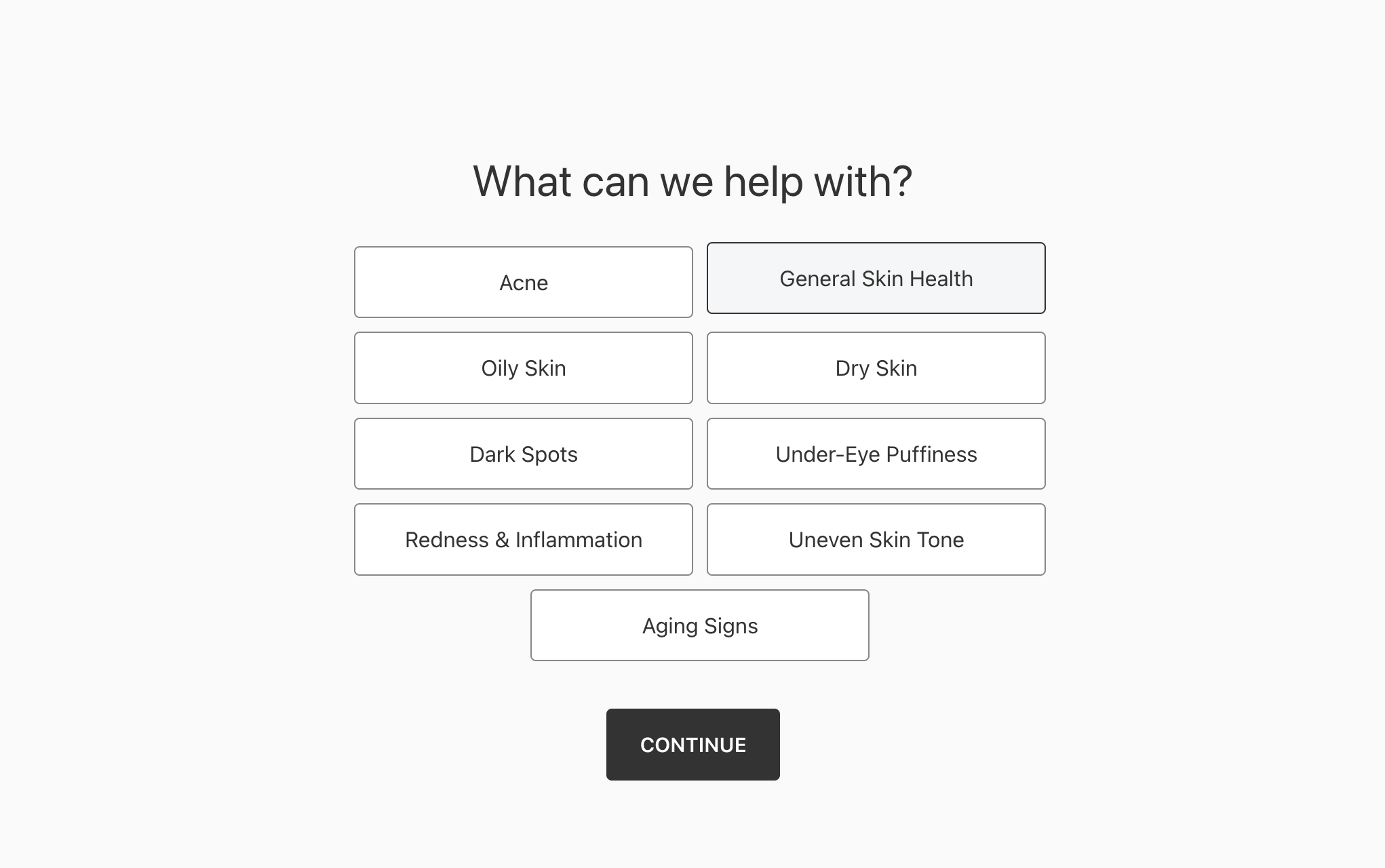 Interactive skincare quiz helping shoppers select personalized product recommendations based on skin concerns.