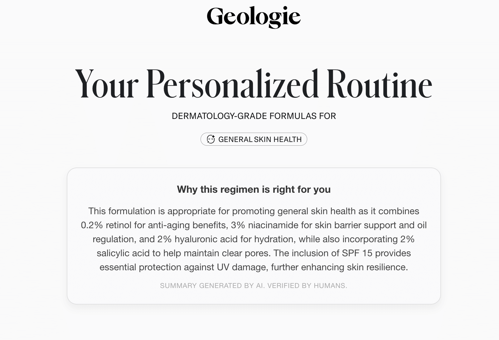 AI-generated personalized skincare routine recommendation page with customized product suggestions and ingredient explanations.