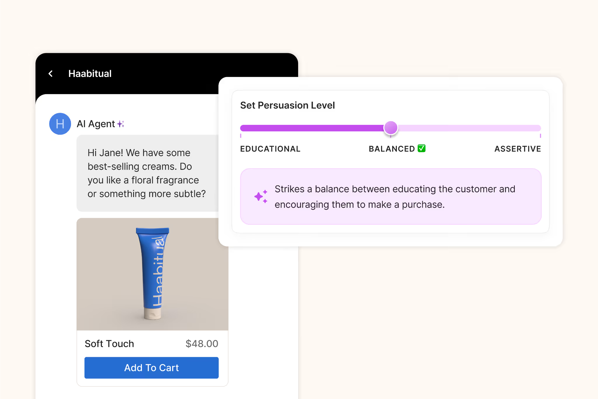 AI-powered ecommerce product recommendation chat suggesting personalized skincare products based on customer preferences.