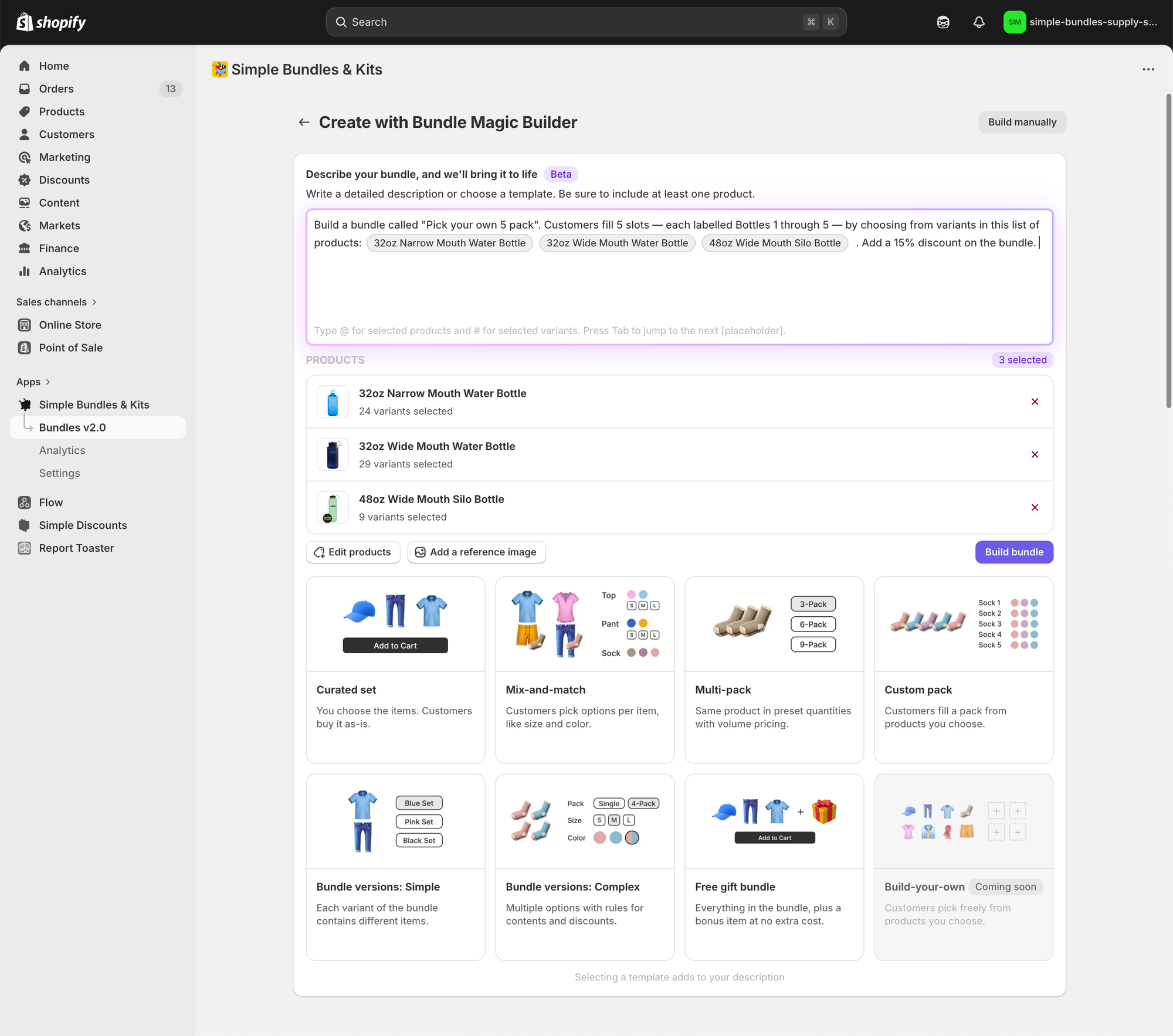 “Simple Bundles Bundle Magic Builder interface inside Shopify showing AI-assisted bundle creation templates for mix-and-match, multi-pack, and custom bundles.”